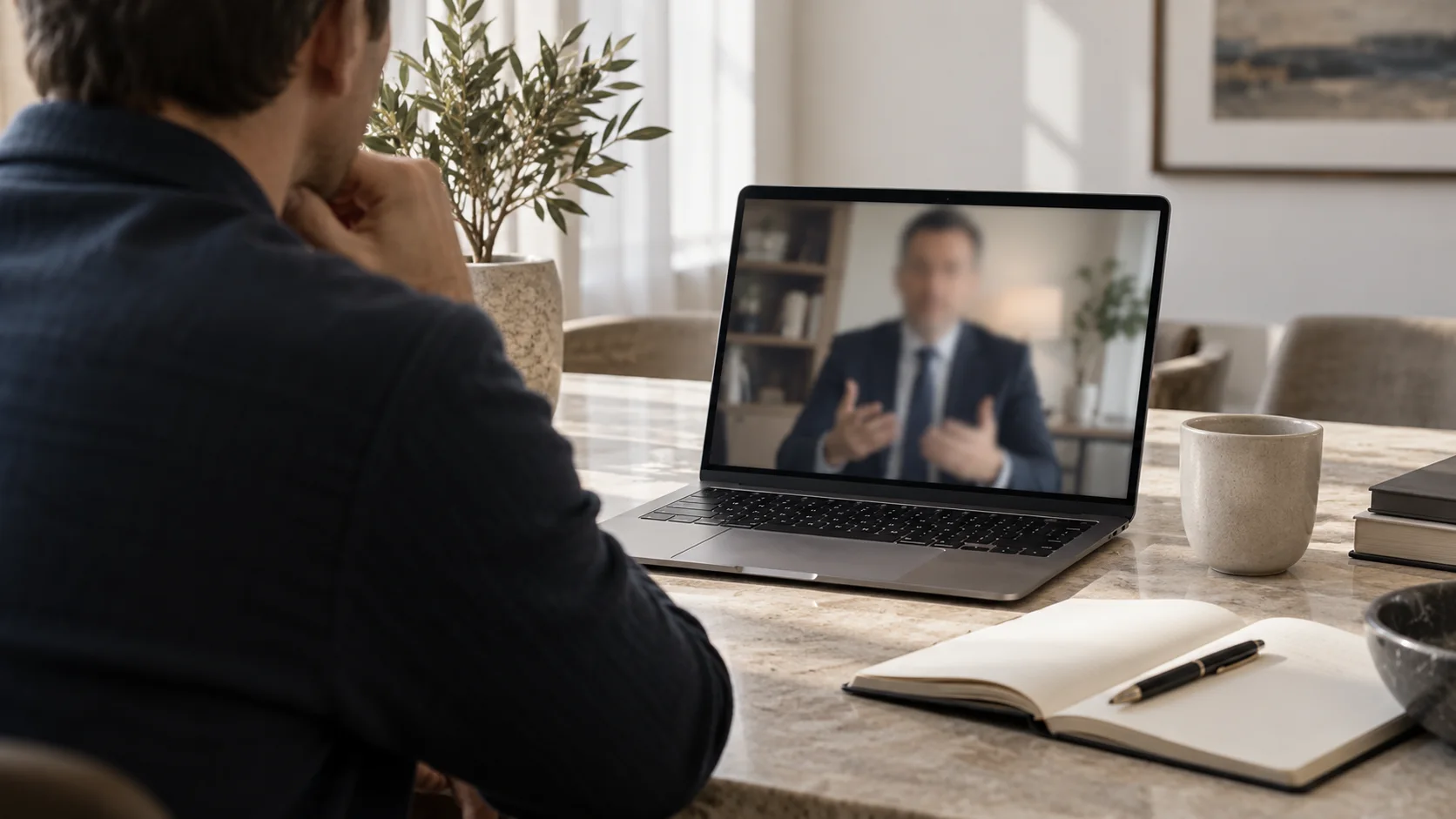 Illustratieve afbeelding van een cliënt die via video met een advocaat spreekt